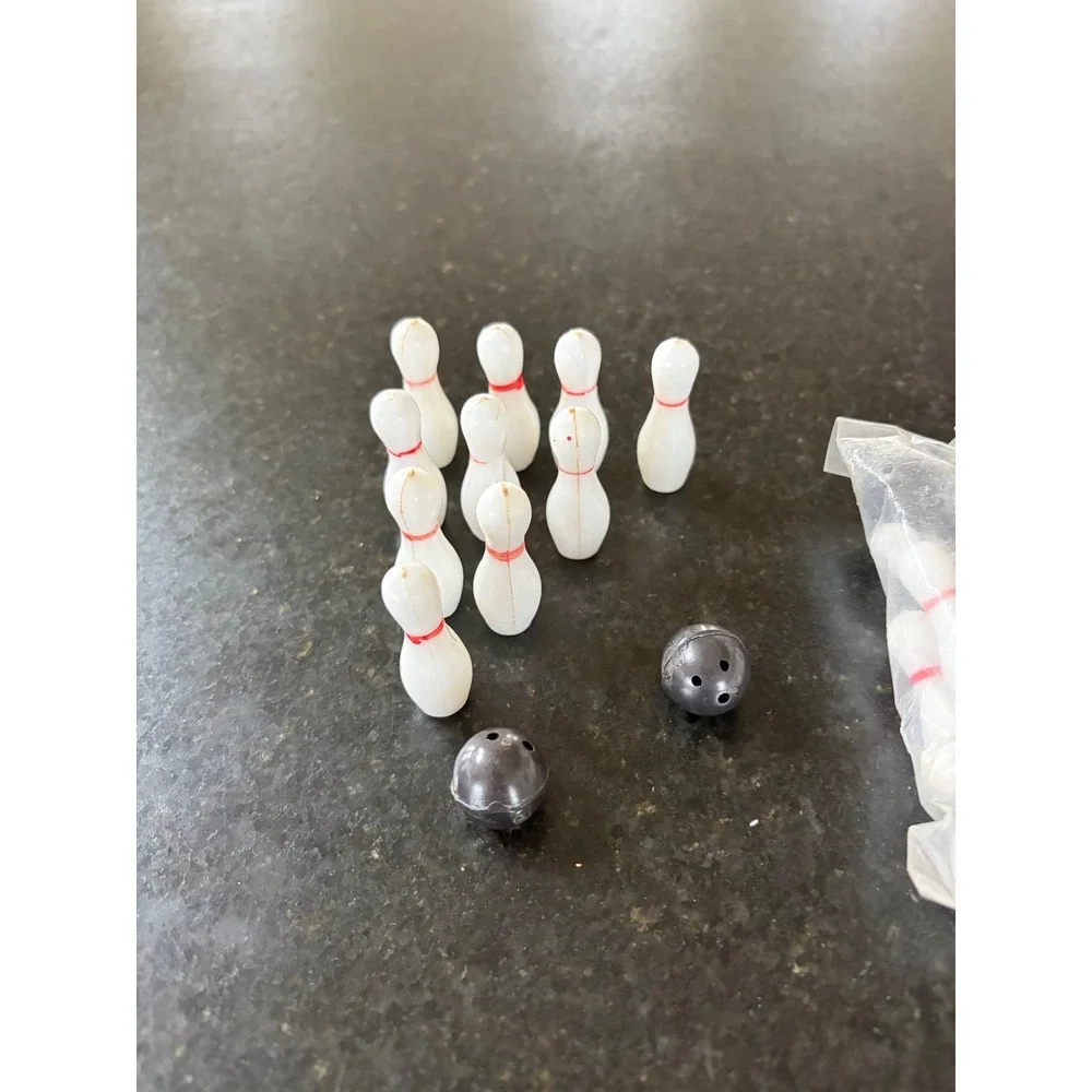 Vtg 1974 WEI Cake Toppers Bowling Pins & Ball 24 pieces Hong Kong Miniature